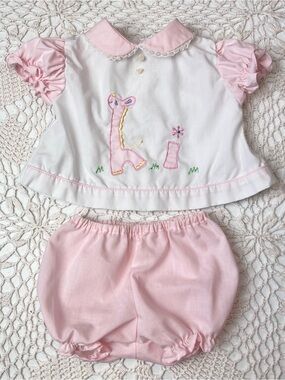 Vintage 1980s Tiny Tots Baby Girl Newborn Hi Giraffe Pink Dress Bloomer Set